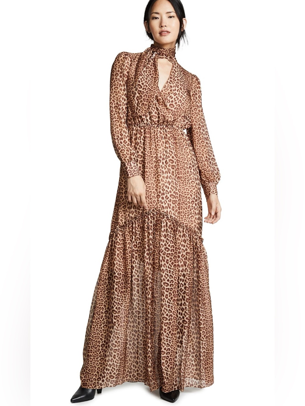 Rachel Zoe Sz 8 Verushka Silk Leopard Print Boho Tiered Long Sleeves Maxi Dress